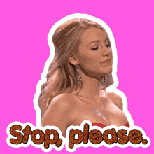 a sticker of a woman with the words stop please