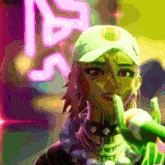 a woman in a white hat is eating a green object
