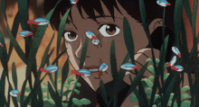 a cartoon drawing of a girl surrounded by fish and plants