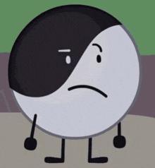 a black and white circle with a sad face and legs