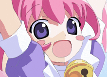 a girl with pink hair and purple eyes is holding a bell around her neck
