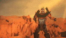 a robot is standing in the middle of a desert with the sun shining behind him
