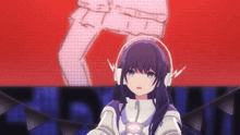 a purple haired anime girl wearing headphones with a lightning bolt on her ears