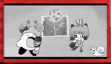 a black and white drawing of two cartoon characters dancing