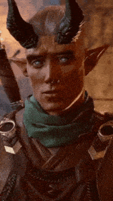 a man with horns and blue eyes is holding a sword and a scarf around his neck .