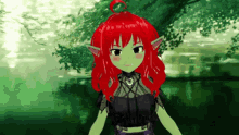 a girl with red hair and green ears is standing in the woods