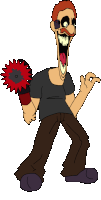 a cartoon of a man with a huge mouth holding a hammer