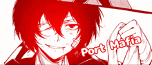 a drawing of a man with a bandage on his face and the words port mafia above him