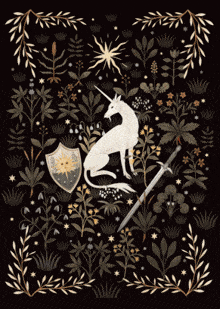 a dragon with three heads is surrounded by trees and flowers on a black background