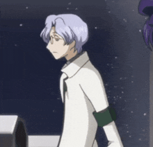 a man with glasses and a white coat is walking in a dark room