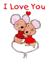 a couple of mice hugging each other with the words `` i love you '' in the background .