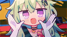 a cartoon girl with green hair and purple eyes making a funny face