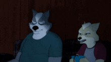 two furry cartoon characters are playing a video game at night