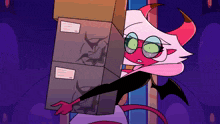 a cartoon character is carrying a stack of boxes with a sticker that says ' a ' on it
