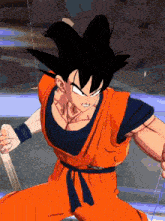 a cartoon character named goku is holding a sword in his hand