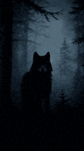 a black wolf is standing in the middle of a dark forest with the words " red angel wolve " underneath it