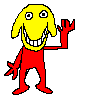 a pixel art drawing of a yellow and red monster with a smiley face .