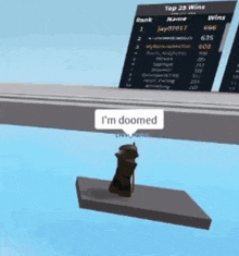 a person in a video game says i 'm doomed in front of a scoreboard