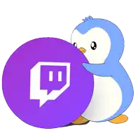 a blue and white penguin holding a purple circle with a twitch logo on it