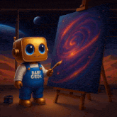 a robot with the word baby grok on his shirt