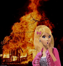 a barbie doll with a surprised look on her face stands in front of a burning house