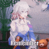 a cartoon girl is holding a teddy bear and giving the middle finger while saying remember .