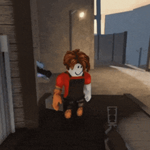 a roblox character is standing in front of a building with a sign that says kick