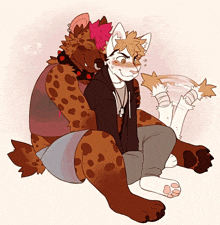 a drawing of a hyena hugging another hyena with the word net in the corner