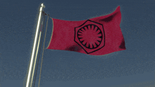 a red flag with a black star in the middle is flying in the wind