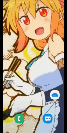 a phone screen has a picture of a girl with chopsticks
