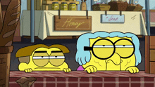 two cartoon characters are looking over a table with a sign that says honey on it