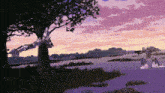 a robot is flying over a body of water with a tree in the foreground