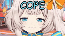 a girl with white hair and blue eyes is making a face with the word cope above her head
