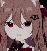 a close up of a brown haired anime girl with red eyes and a heart in her hair holding a microphone .