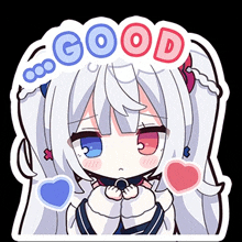 a sticker of a girl with white hair and blue and red eyes holding two hearts .