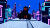 a cartoon character is riding a motorcycle in a futuristic city with neon lights .