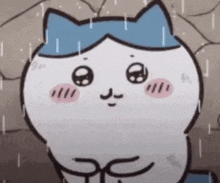 a cartoon cat with a blue hat is standing in the rain .