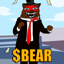 a cartoon of a bear wearing a top hat and tie with the word $ bear below it