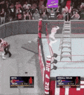 a woman is holding a sign that says `` hi mom '' while wrestling in a ring .