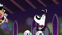 a cartoon of a bride and groom with a purple background