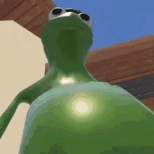 a green frog with sunglasses on looks up at the camera