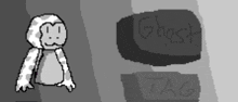 a pixel art drawing of a ghost with the word ghost tag written on it