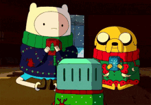 finn and jake from adventure time are sitting next to each other holding cups of hot chocolate