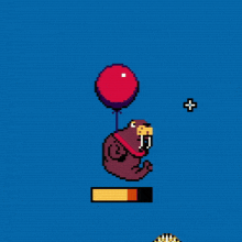 a pixel art of a walrus holding a red balloon in front of a christmas tree