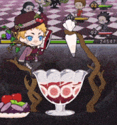 a cartoon character is holding a knife in front of a cup of ice cream