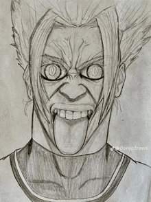a black and white drawing of a man with his tongue out and the name donjudraws on the bottom