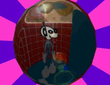 a cartoon character is standing inside of a colorful globe