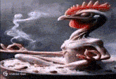 a chicken is sitting in a lotus position in a bowl of food with smoke coming out of it .