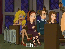 a cartoon of three women sitting on a bench with the words eh written on the bottom