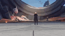a video game character is standing in the middle of a large building